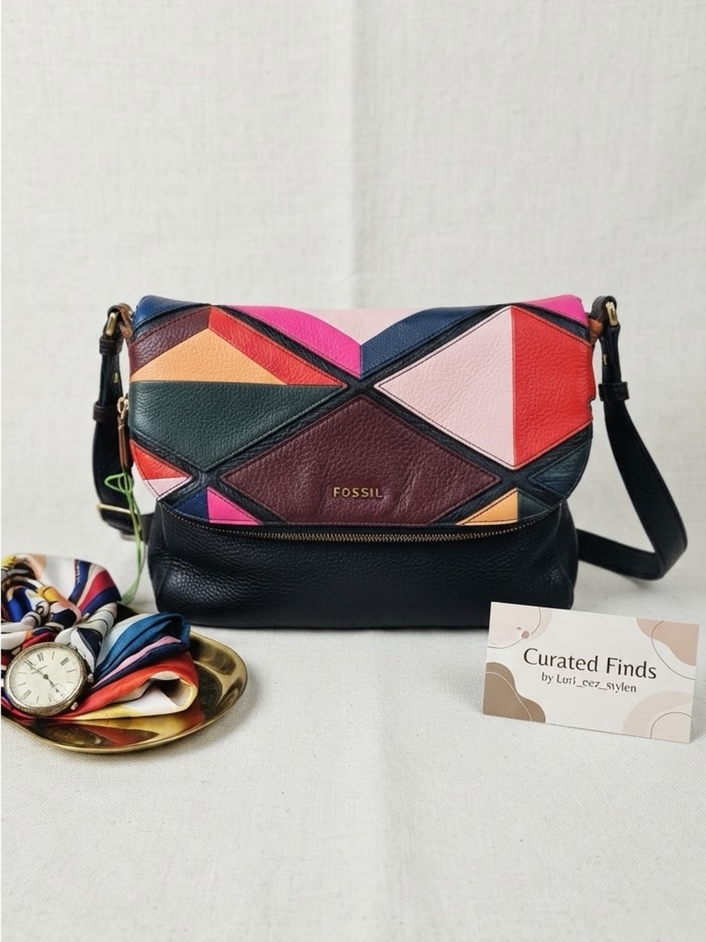 Fossil Black Crossbody with Multicolor Geometric Panels